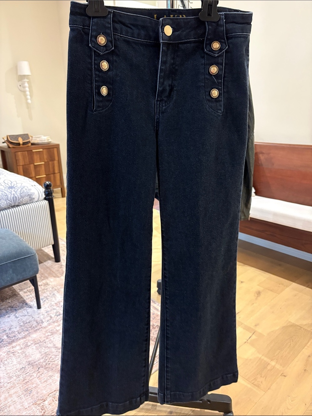High-Rise Wide-Leg Jeans in Dark Navy with Gold Buttons